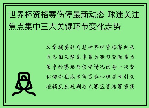世界杯资格赛伤停最新动态 球迷关注焦点集中三大关键环节变化走势